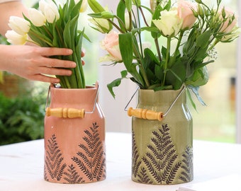 Ceramic Milk Churn Vase Green/Pink Fern Leaf Wildflower Embossed Living Room Country Kitchen Floral Earthenware Pitcher Vase Planter