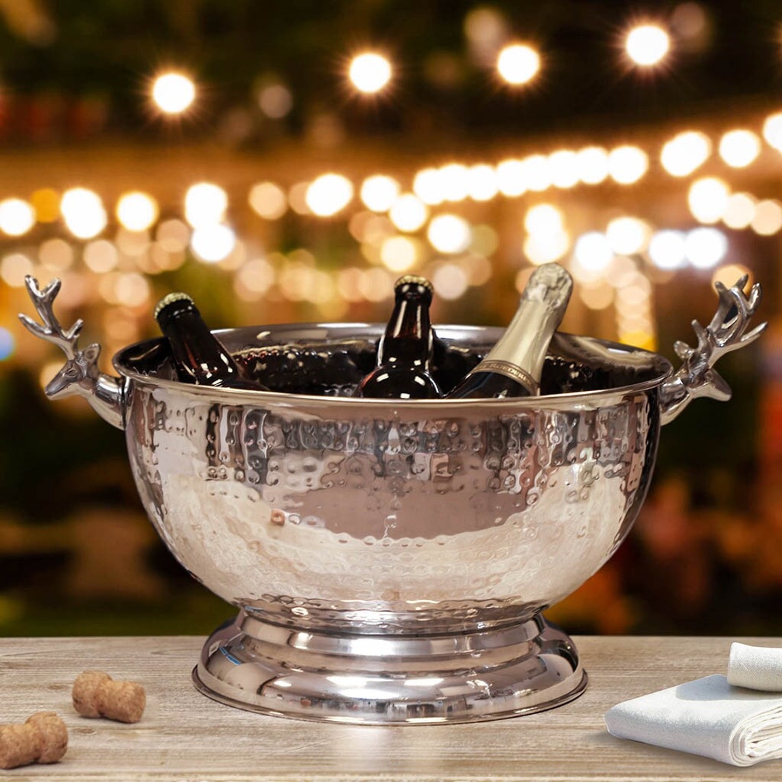 Large Hammered Champagne Bucket Footed Stag Handle Silver Etsy