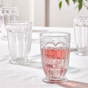 Set of 2 Embossed Glass Highball Tumblers Water Juice Cocktail Glasses Vintage Style Embossed Dishwasher Safe Glassware