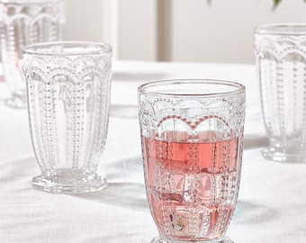 Set of 2 Embossed Glass Highball Tumblers Water Juice Cocktail Glasses Vintage Style Embossed Dishwasher Safe Glassware