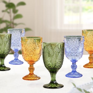 Set of 6 Embossed Wine Goblets Vintage Style Embossed Wine Glasses Dishwasher Safe Glassware Blue, Green & Orange Dinner Party Glassware