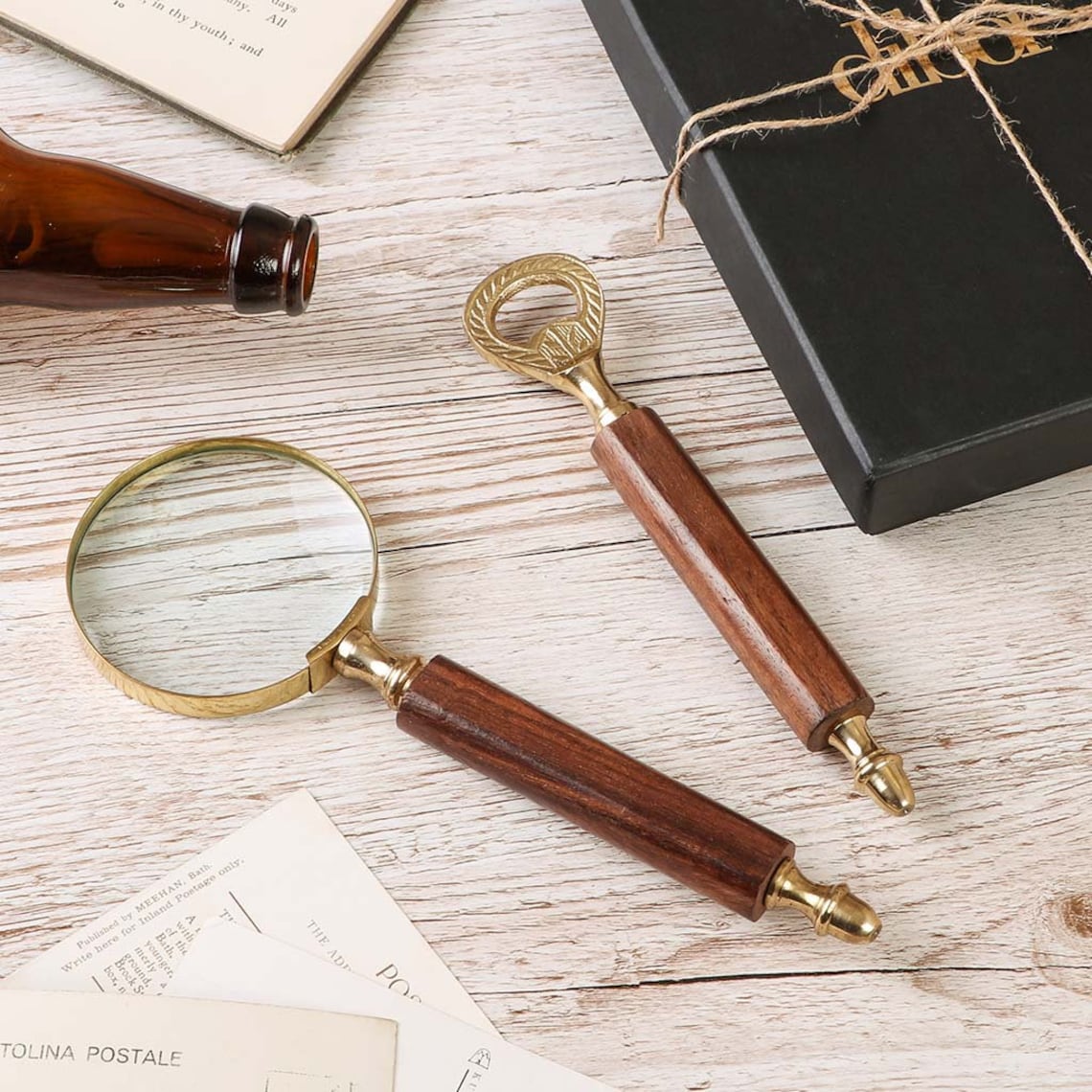 Vintage Magnifying Glass & Bottle Opener Gift Set Natural Wood Etsy