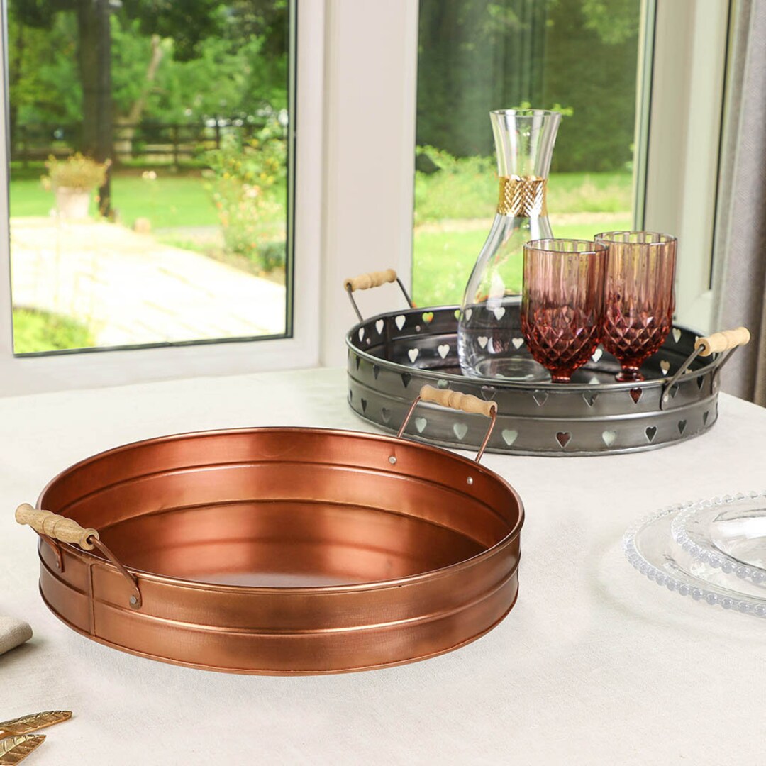 Metal Bar Tray Zinc Grey Wood Handle Handmade Party Drink Serving