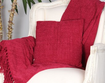 Red Tasselled Throw Blanket & Cushion Woven Fabric Sofa Bed Chair Throw with Scatter Pillow Gift Set