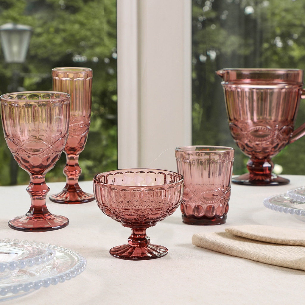 Amethyst Pink Glassware Collection Dishwasher Safe Vintage Style Baroque  Embossed Pitcher Jug, Wine Goblets, Drinks Tumblers, Bowls & Flutes - Etsy  Israel