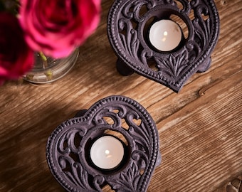 Set of 2 Cast Iron Tea Light Candle Holders Love Heart Hot Plate Chafing Dishes Traditional 6th Wedding Anniversary Gift
