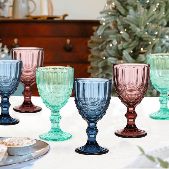 Set of Four Coloured Embossed Wine Goblets Vintage Style Relief