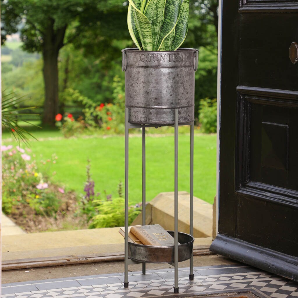 Tall Metal Planter On Stand with Tray Contemporary Galvanised Etsy