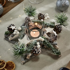 Tea Light Candle Holder Wooden Pine Cone & Fir Spray Star Dining Table Centrepiece Tealight Candle Lantern Winter Christmas Home Décor