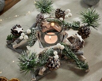 Tea Light Candle Holder Wooden Pine Cone & Fir Spray Star Dining Table Centrepiece Tealight Candle Lantern Winter Christmas Home Décor