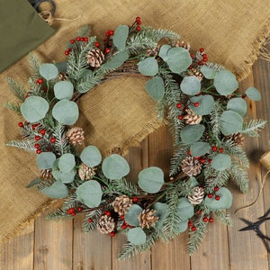 Winter Wreath Front Door Garland Artificial Eucalyptus, Pine Cone & Berry Christmas Wreath Decoration Home Décor 24"