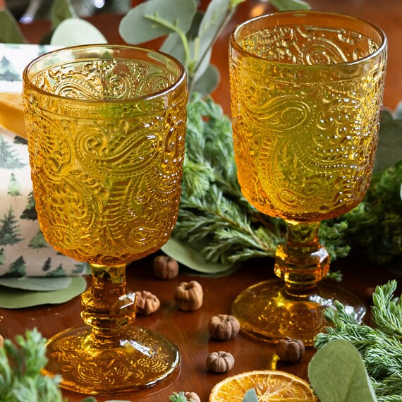 Set of Amber Orange Embossed Wine Goblets Vintage Style Paisley Print  Embossed Wine Glasses Dishwasher Safe Glassware 