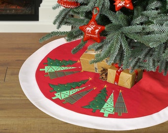 Red Fabric Christmas Tree Skirt Embroidered Tree Bottom Cover with White Felt Finish Edge - D89cm