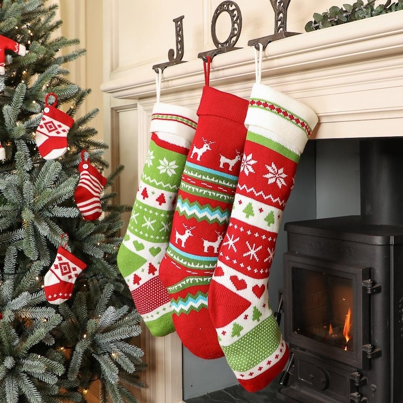 Christmas Stocking Extra Large Knitted Effect Red, Green & White Fair Isle Traditional Style Mantelpiece Festive Xmas Gift Stocking image 1