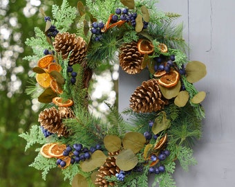 Cone Willow Wreath Wall Hanging Christmas 70cm Large Blue  Berry 