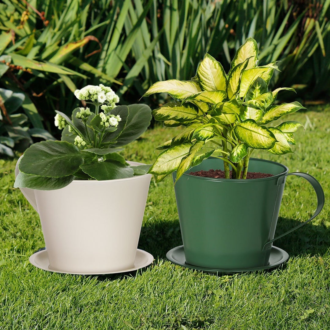 Metal Teacup Planter Ivory White / Emerald Green Garden Outdoor Flower Plant Pot Contemporary