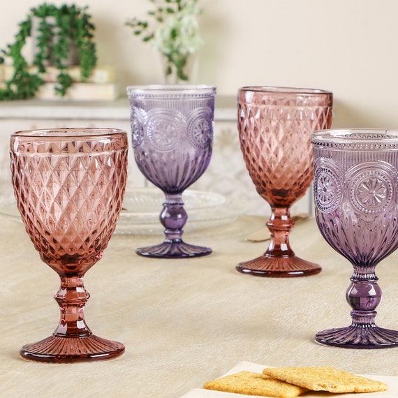 Set of 4 Party Wine Glass Goblets Vintage Style Embossed Dishwasher Safe  Wine Glass Punch Cocktail Tumbler Goblet Glasses