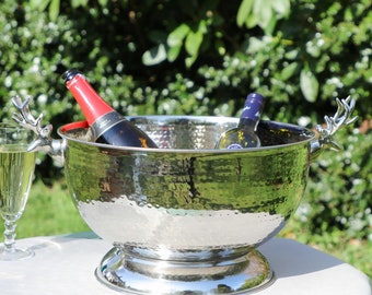 Large Hammered Champagne Bucket Footed Stag Handle Silver Finish Wine Champagne Prosecco Bottle Cooler Ice Bucket Party Tub