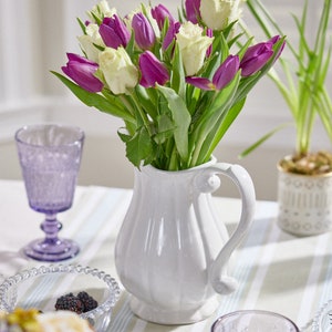White Ceramic Pitcher Jug Vase Vintage Style Scrolled & Fluted Earthenware Flower Vase Decorative Stoneware Glazed Floral Jug Planter