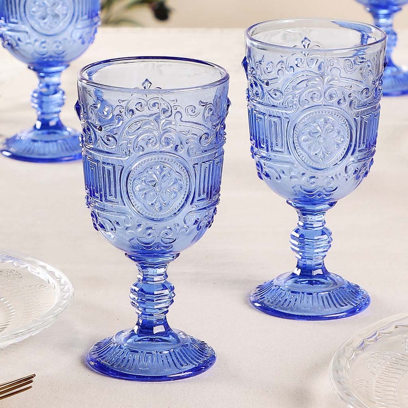 Mix and Match Embossed Wine Goblets Vintage Style Embossed Wine Glasses Dishwasher Safe Glassware Set Kitchen Dining Room Wine Glass Set Blue Mandala