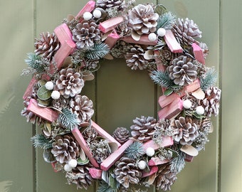 Spring Wreath Blush Pink Pine Cone Decorative Front Door Easter Garland with Pine Sprays Rustic Country Style Wreath Home Décor - D35cm