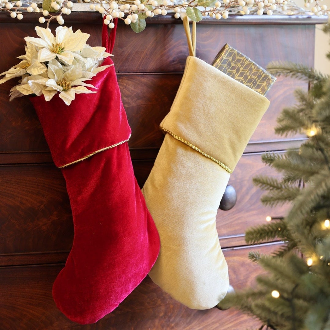 Red velvet christmas stocking with gold initial Clearance