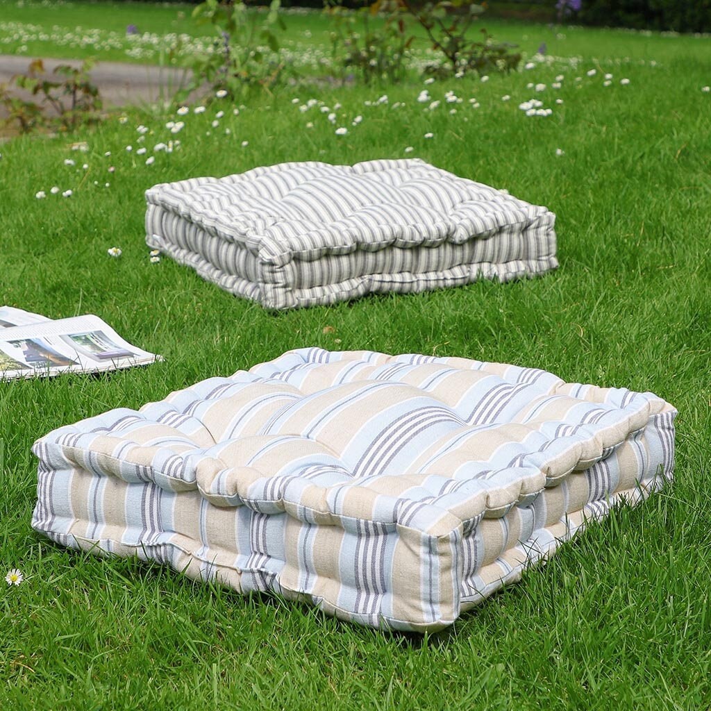 Set of 2 Large Grass Cushions With Handle 100% Cotton Grey & Beige Striped Seat  Pads Water Repellent Floor Lounger Pillow Set 