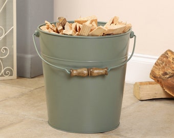 Large Rustic Farmhouse Style Fireside Sage Green 17L Kindling and Firewood Storage Bucket with Wooden Handle