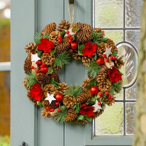 Winter Wreath Red Roses Stars Decorative Festive Front Door Garland Wooden, Pine Cone & Artificial Berry Wreath Home Décor Accessory - D35cm