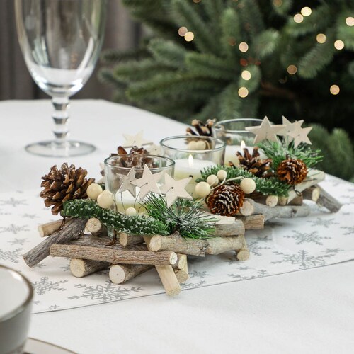 Christmas Candle Holder Wooden Branch & Pine Cone Shooting Star Triple Tea Light Candle Holder Dining Table Centrepiece Decoration