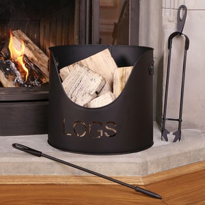 Contemporary Log Bucket with Poker & Tongs Companion Tool Set Fireside Kindling Basket Accessory Recycled Iron Fireplace Storage