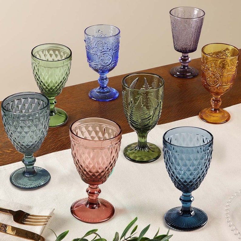 Mix and Match Embossed Wine Goblets Vintage Style Embossed Wine Glasses Dishwasher Safe Glassware Set Kitchen Dining Room Wine Glass Set image 1