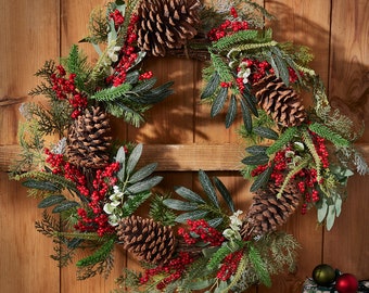 Giant Eucalyptus Woodland Door Wreath with Red Berries and Pinecones Evergreen Christmas Round Indoor/Outdoor Winter Garland Decoration