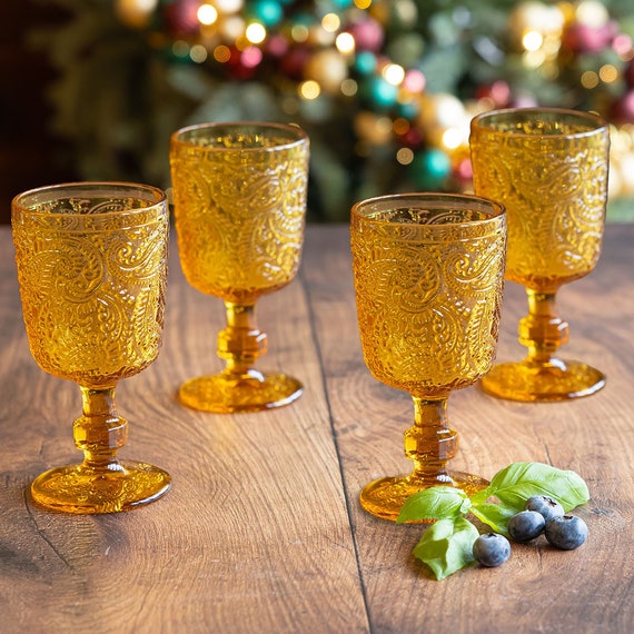 Set of Amber Orange Embossed Wine Goblets Vintage Style Paisley Print  Embossed Wine Glasses Dishwasher Safe Glassware