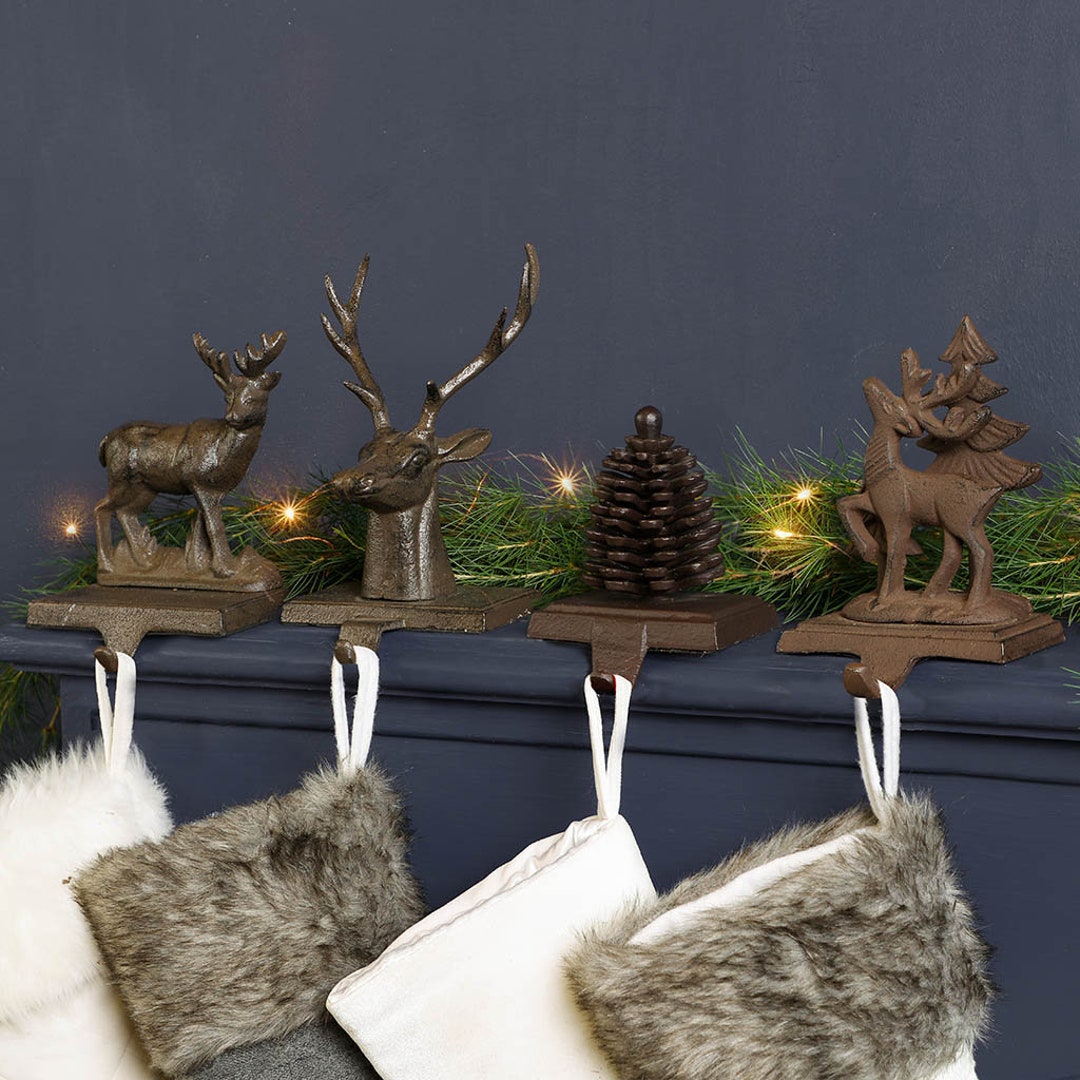 Cast Iron Christmas Stocking Holder Woodland Mantel Reindeer Pine Cone Weighted Mantelpiece
