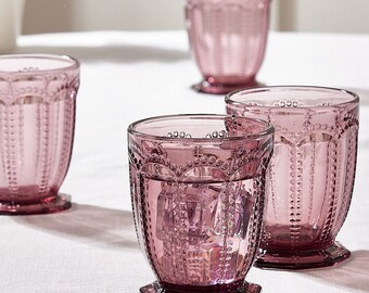 Tumbler Glass Set of 4 Amethyst Pink Embossed 290ml Water Juice Cocktail Alfresco Dining Glasses Embossed Dishwasher Safe Glassware