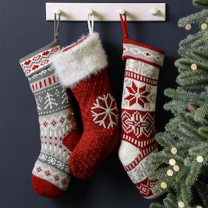 Knitted Fair Isle Christmas Stocking Extra Large Grey, Red & White Knit Festive Gift Sack with Traditional Nordic Style Designs image 1