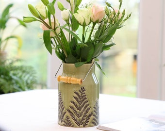 Ceramic Flower Large Milk Churn Vase Green Pitcher Gift Wildflower Embossed Earthenware Vase Anniversary Gift Present Idea
