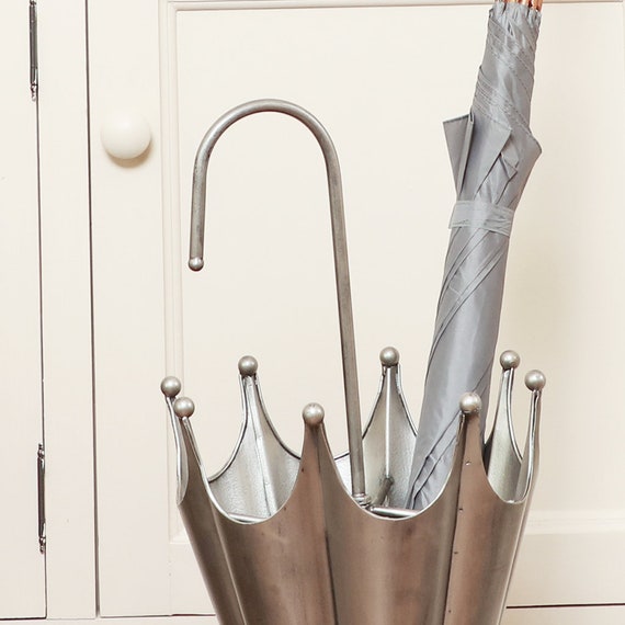 Brushed Silver Metal Umbrella Stand Large Vintage Style Distressed