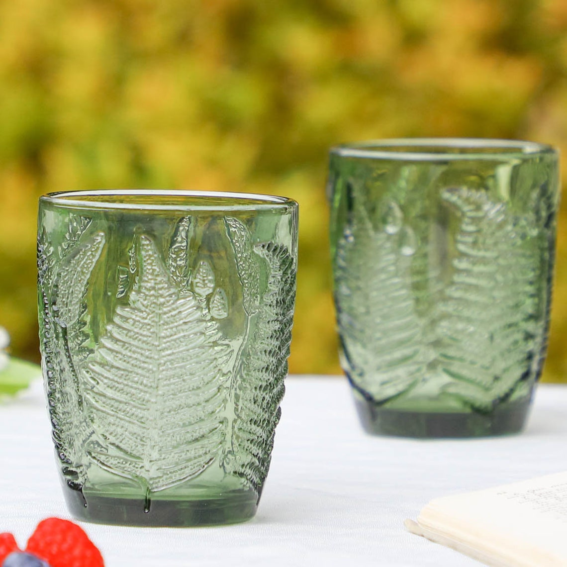 Set of 4 Glass Tumblers 280ml Green Botanical Leaf Embossed Etsy