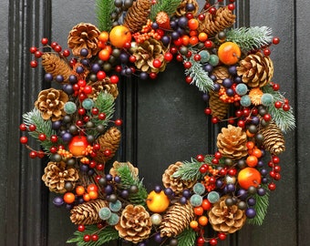 XL Winter Wreath Decorative Front Door Wreath Garland Fallen Fruits Citrus, Apples & Berries Floral Christmas Décor Wreath