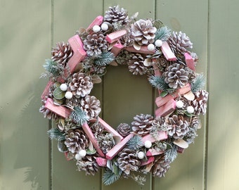Spring Wreath Handmade Pastel Pink Blush Pine Cone Wreath Decorative Front Door Garland Wall Home Accessory All Season Driftwood Wreath