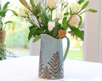 Personalised Pitcher Jug Vase Pastel Blue Earthenware Ceramic Flower Vase Fern Leaf Embossed Glazed Stoneware Gift Idea