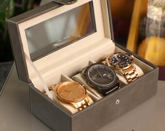 Vegan Leather Watch Box Grey Three Section Watch Storage Travel Case with Clear Lid Gentleman's Gift Idea Gifts For Him