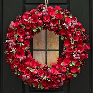 Winter Rose Pine Cone Wreath White or Red Flower & Berry Decorative Front Door Garland Rustic Country Style Home Décor