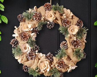 Spring Pine Cone Wreath Extra Large Natural Jute Hessian Rustic Style Front Door Garland Decoration with Wooden Roses Easter Wreath