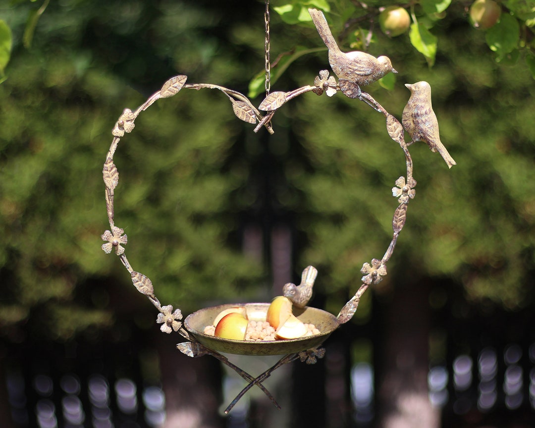 Hanging Bird Dish Cast Iron Flower Decorated Garden Bird Feeder Seed