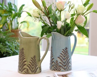 Ceramic Pitcher Jug Vase Blue Green Shabby Chic Wildflower Embossed Vase Decorative Stoneware Earthenware Glazed Floral Jug Planter