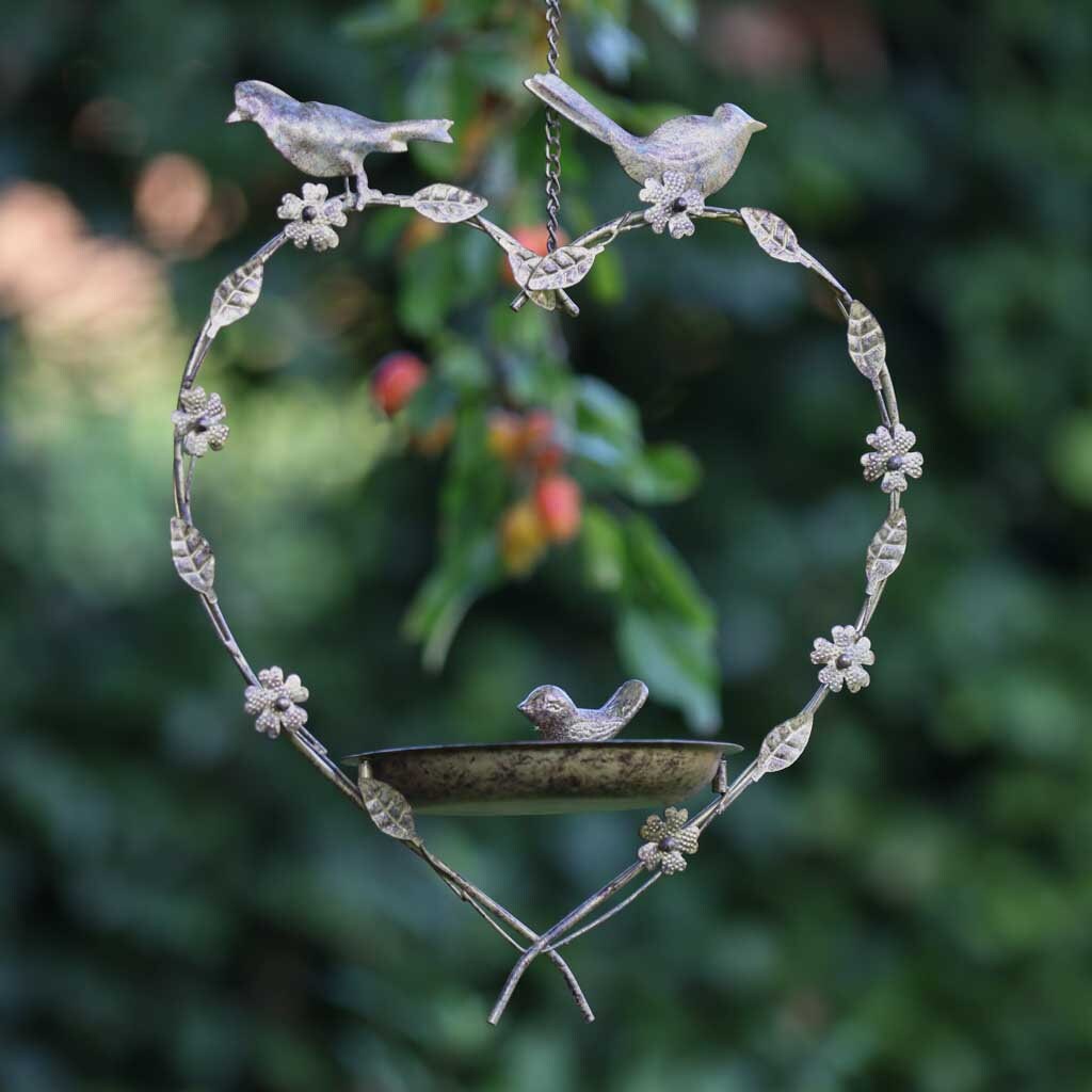 Hanging Bird Dish Cast Iron Flower Decorated Garden Bird Etsy UK