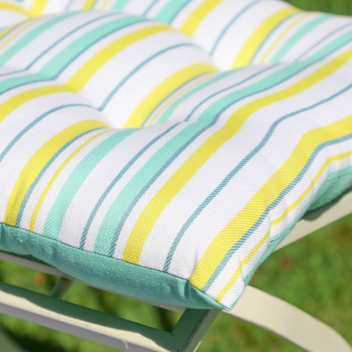 Set of 2 Green & Yellow Stripe Outdoor Dining Chair Cushions | Etsy